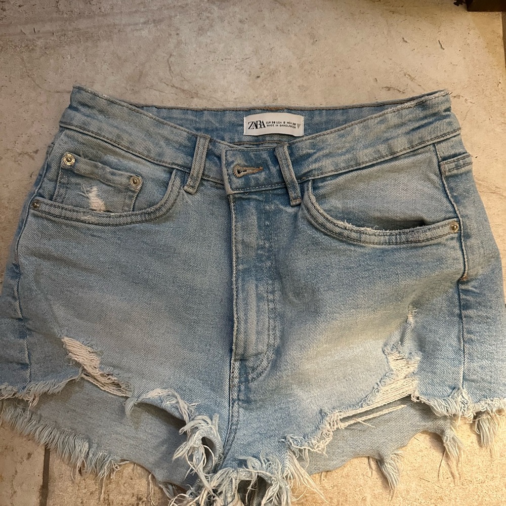 Zara Faded Blue Ripped Jean Shorts